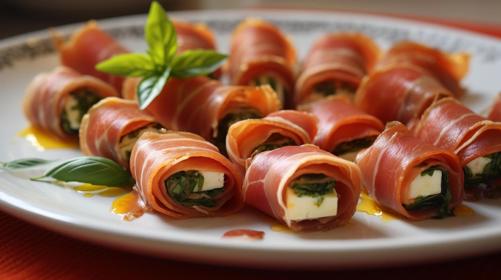 Delicious prosciutto and cheese rolls on a plate photo