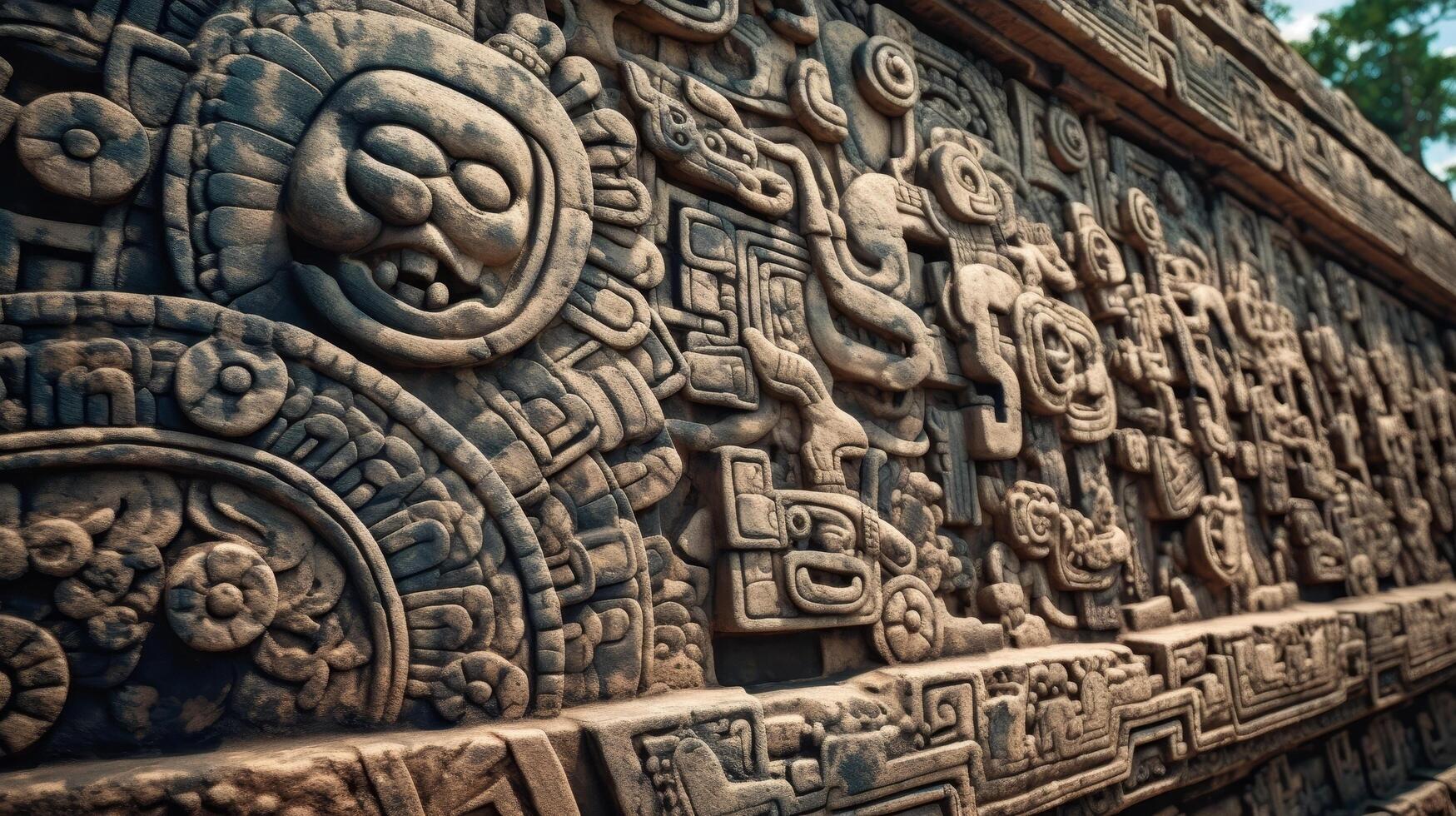 Intricate carved stone wall with ancient mayan symbols photo