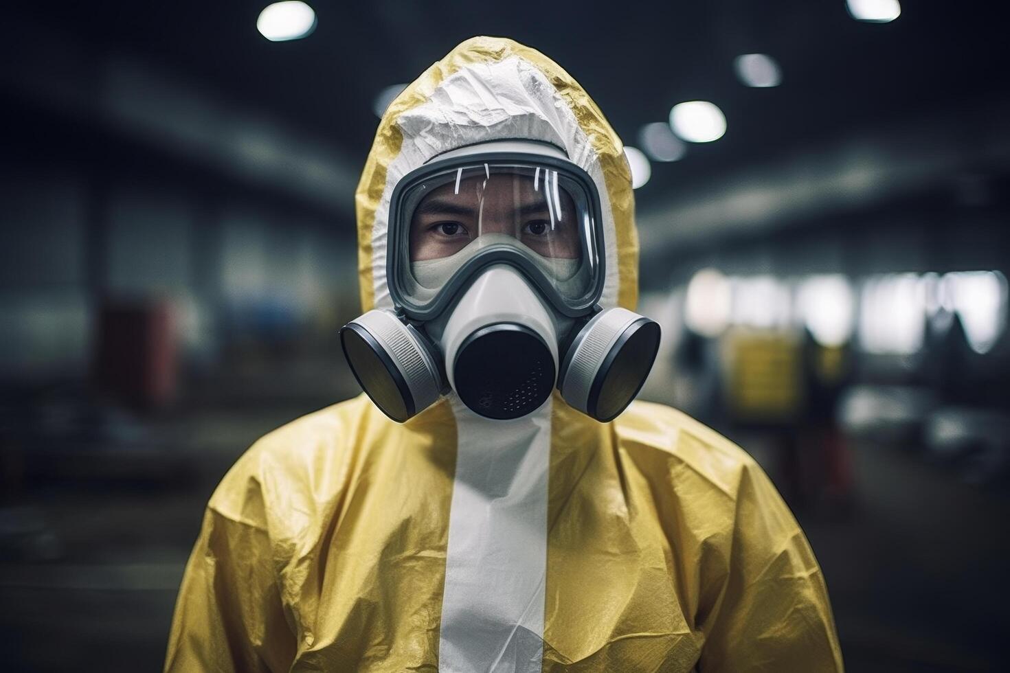 person in hazmat suit and gas mask photo
