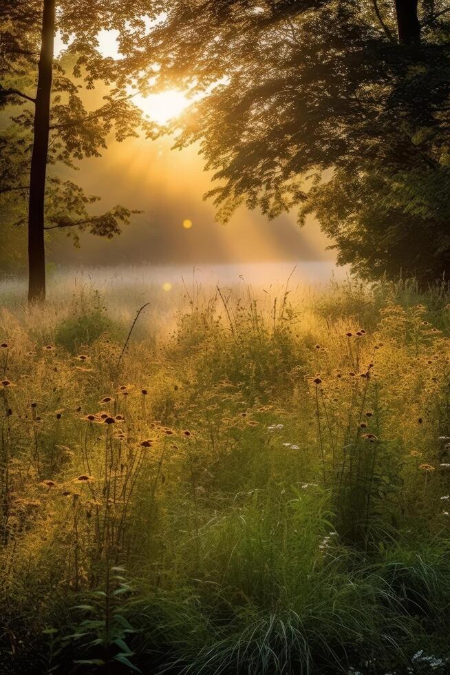 Serene autumn forest landscape with sunlight streaming through the trees photo