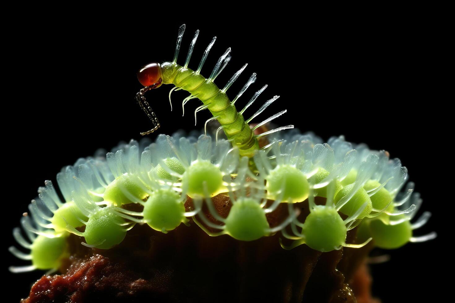 Vibrant green caterpillar with spikes on a flower photo