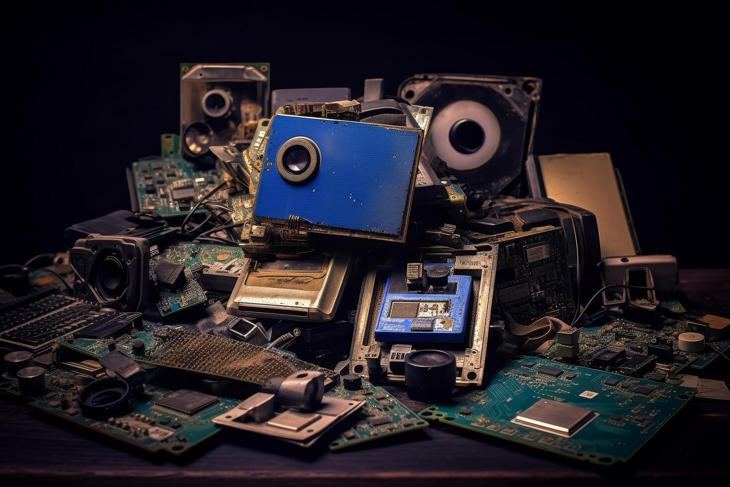 Disassembled computer components and electronic waste photo