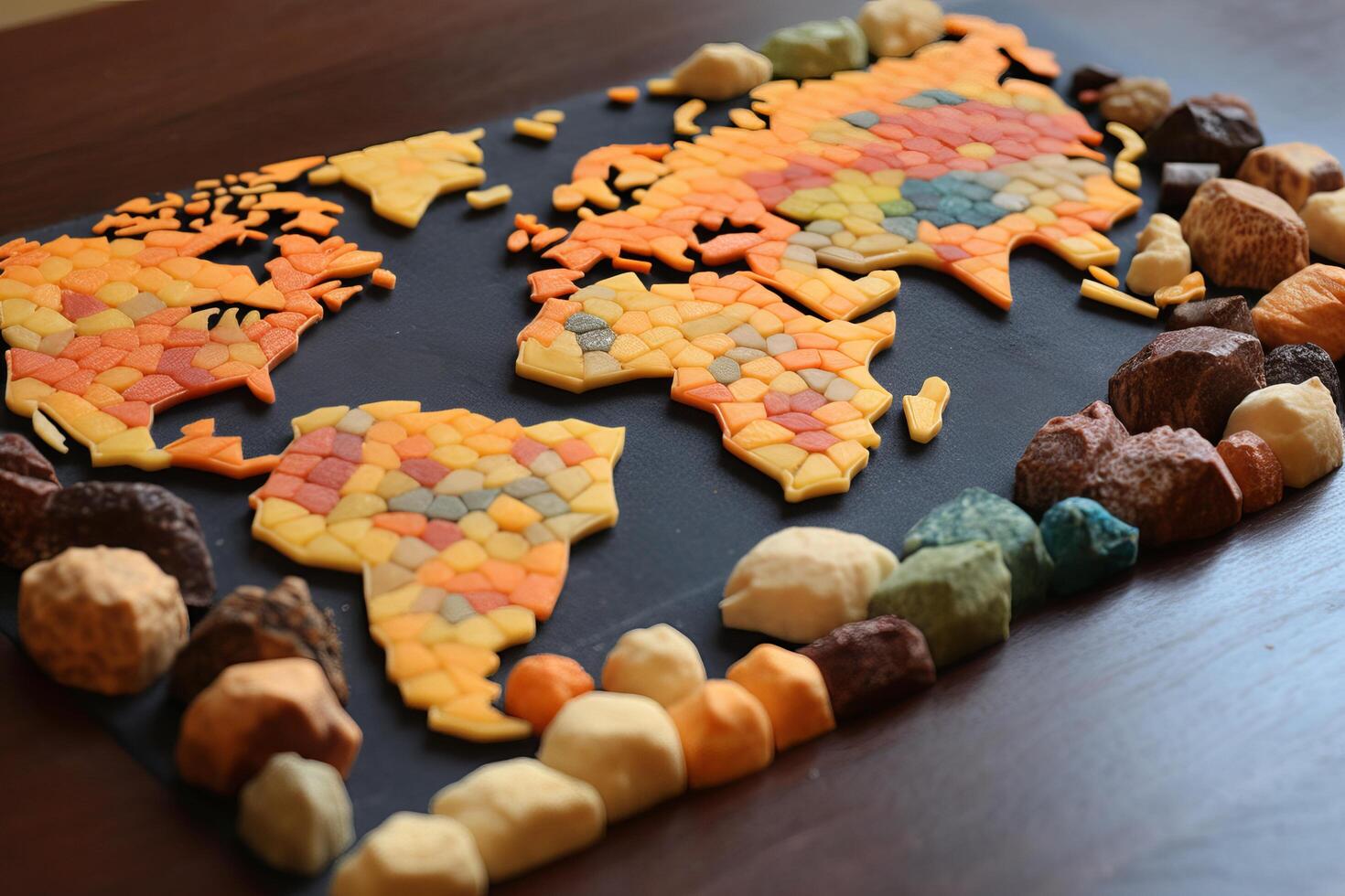 Colorful puzzle pieces in the shape of a world map photo