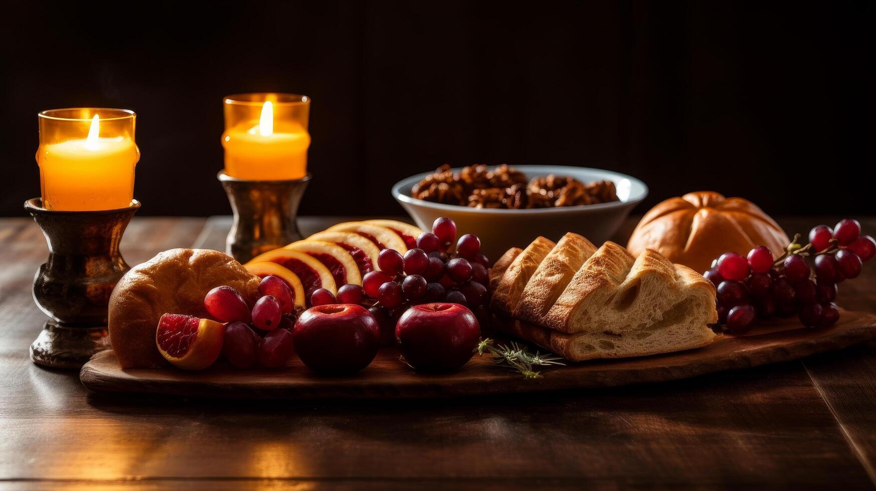 Cozy autumn still life with candles, fruits, and bread photo