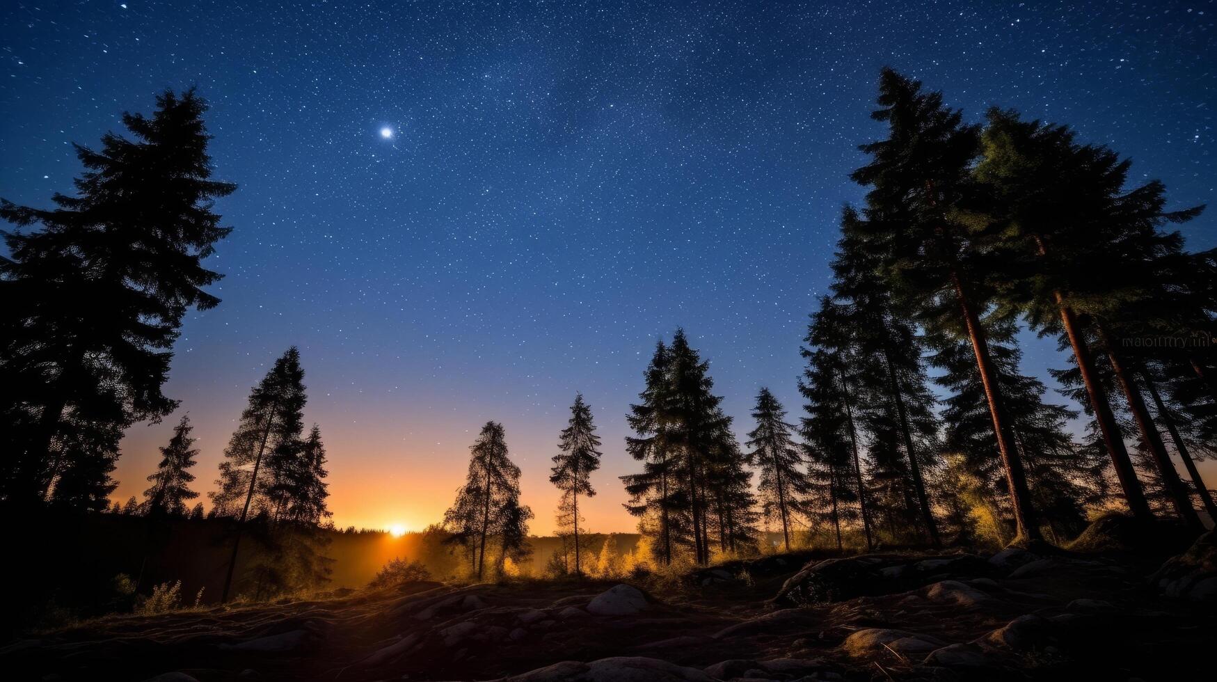 Serene forest landscape at sunset with starry night sky photo