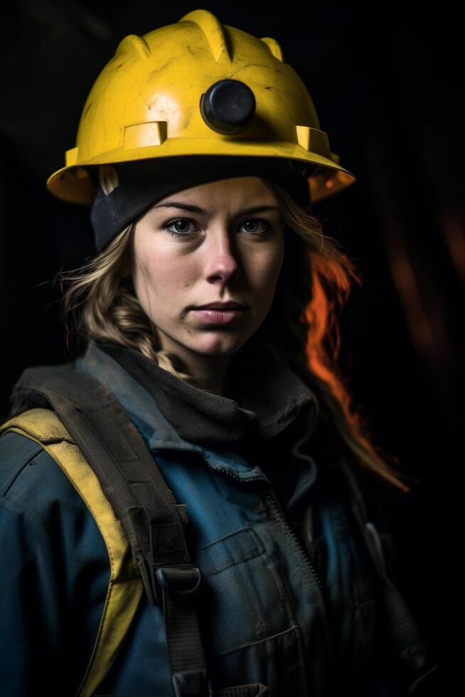 Determined female construction worker in protective gear photo