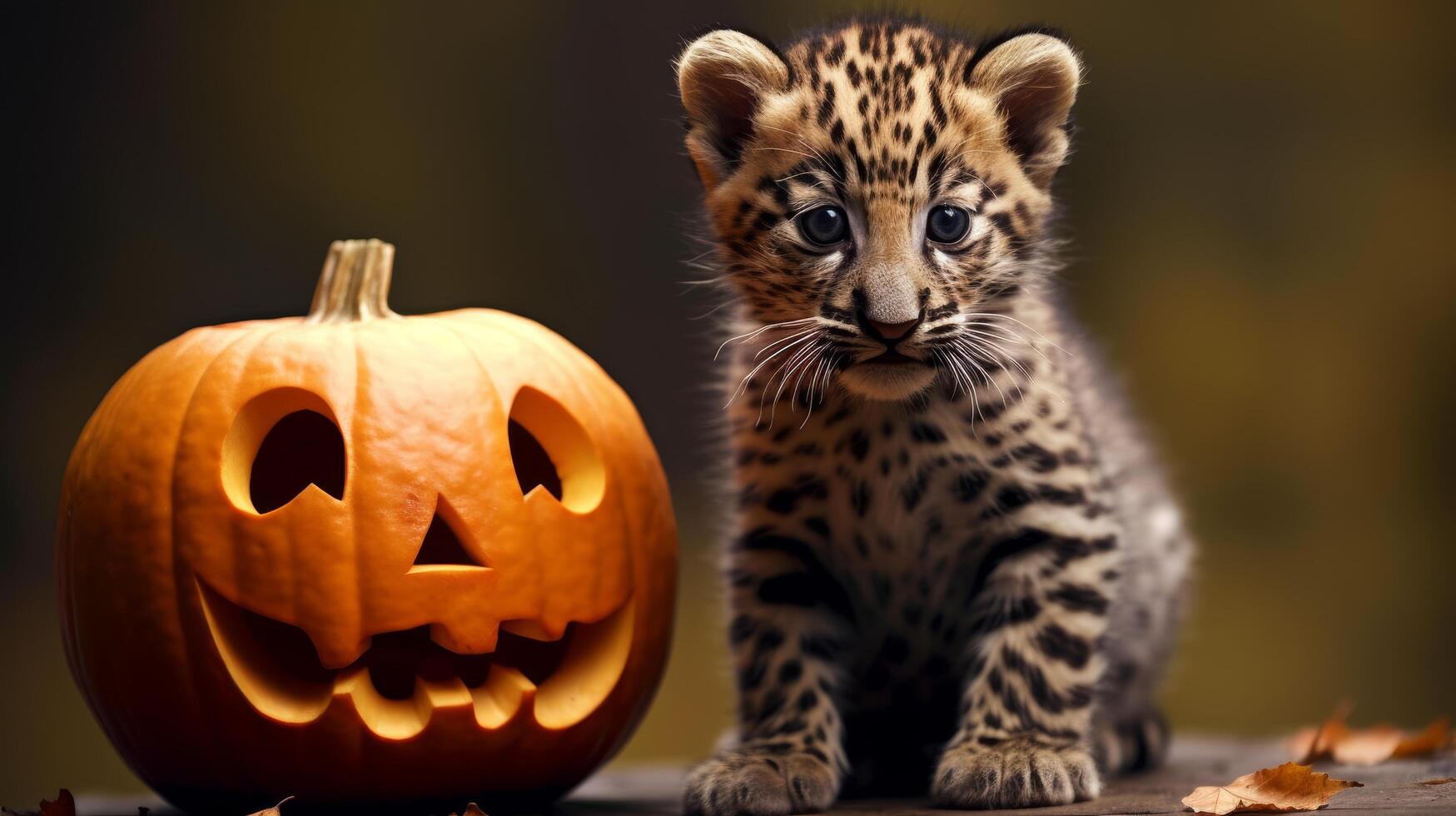 Cute leopard cub and halloween pumpkin photo