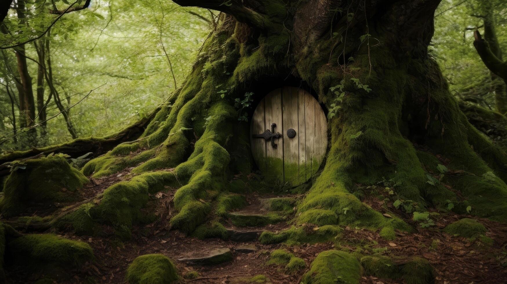 Enchanted forest entrance with moss covered tree photo