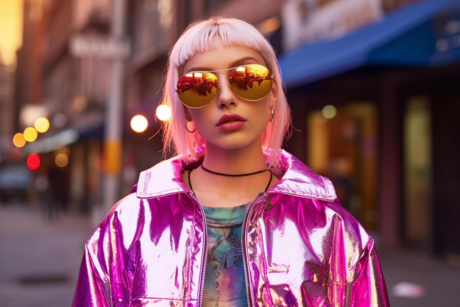 young woman with pink hair wearing sunglasses and a metallic jacket photo