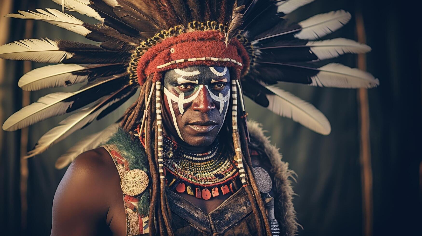 Tribal warrior in traditional headdress and face paint photo