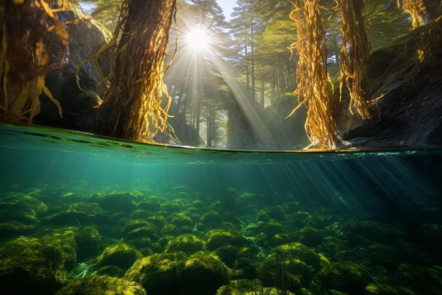 Serene underwater forest scene with sunbeams photo