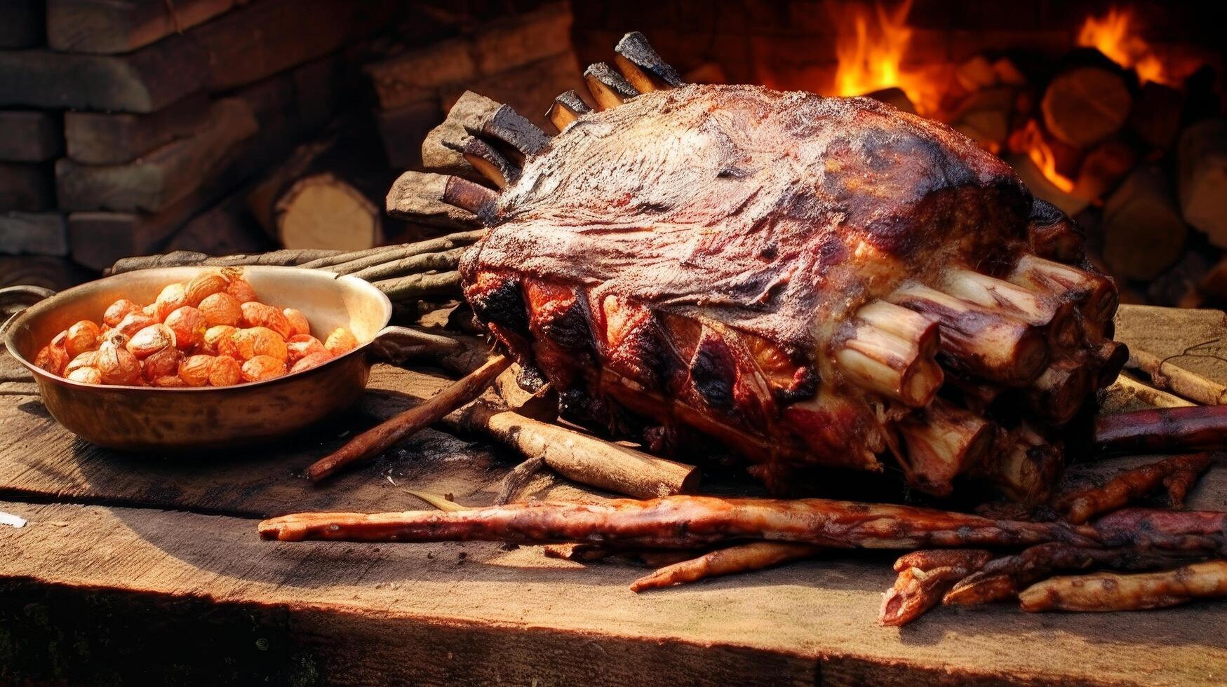 Roasted pork leg with crackling and vegetables photo