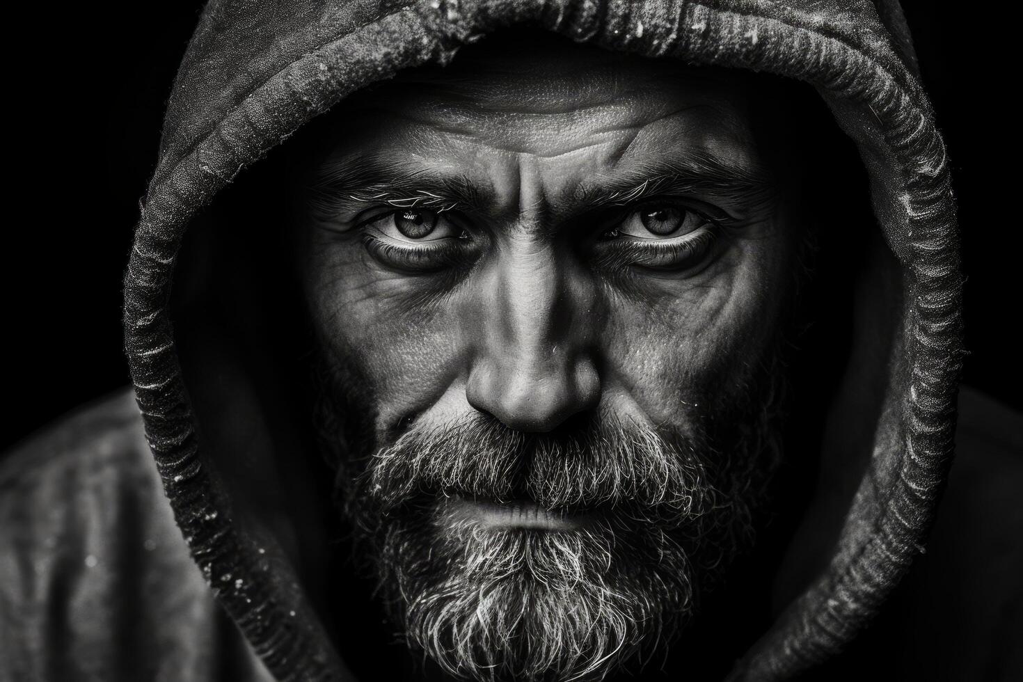 Intense gaze of a bearded man in a hooded jacket photo