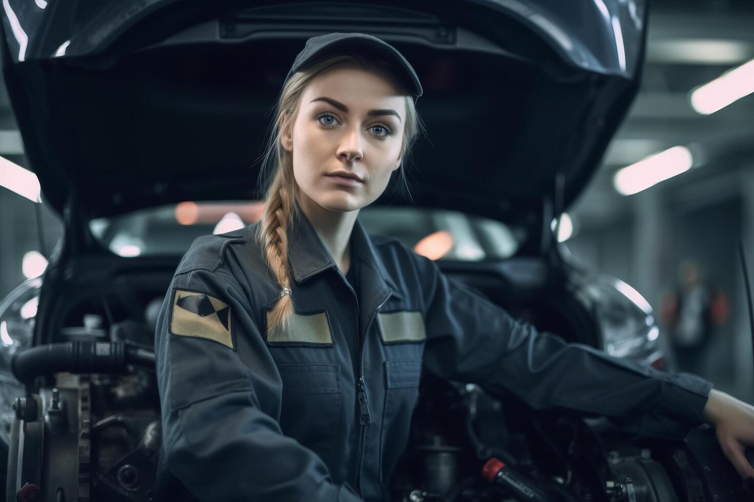 Confident female mechanic working on car engine photo