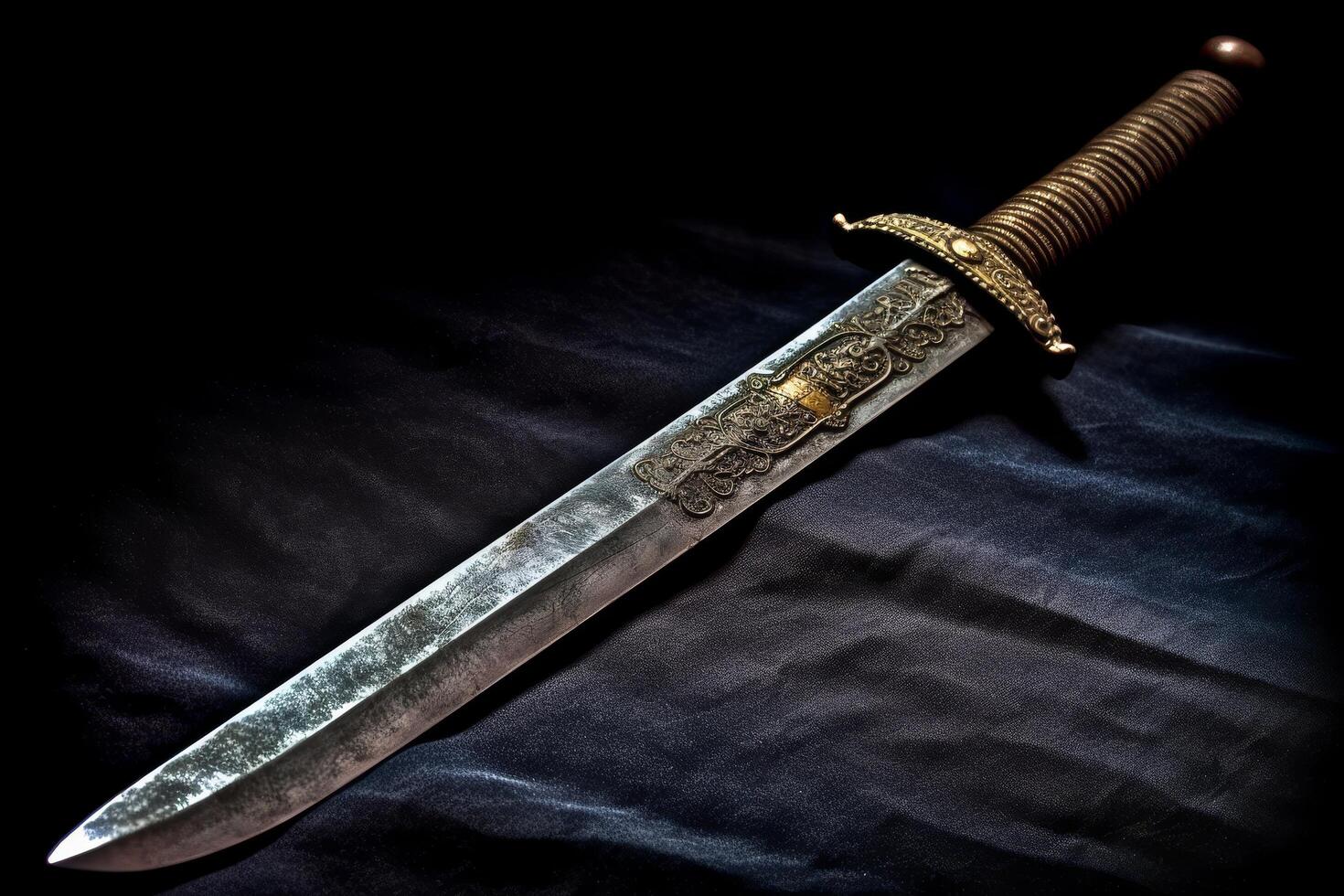 Ornate antique dagger on dark fabric photo