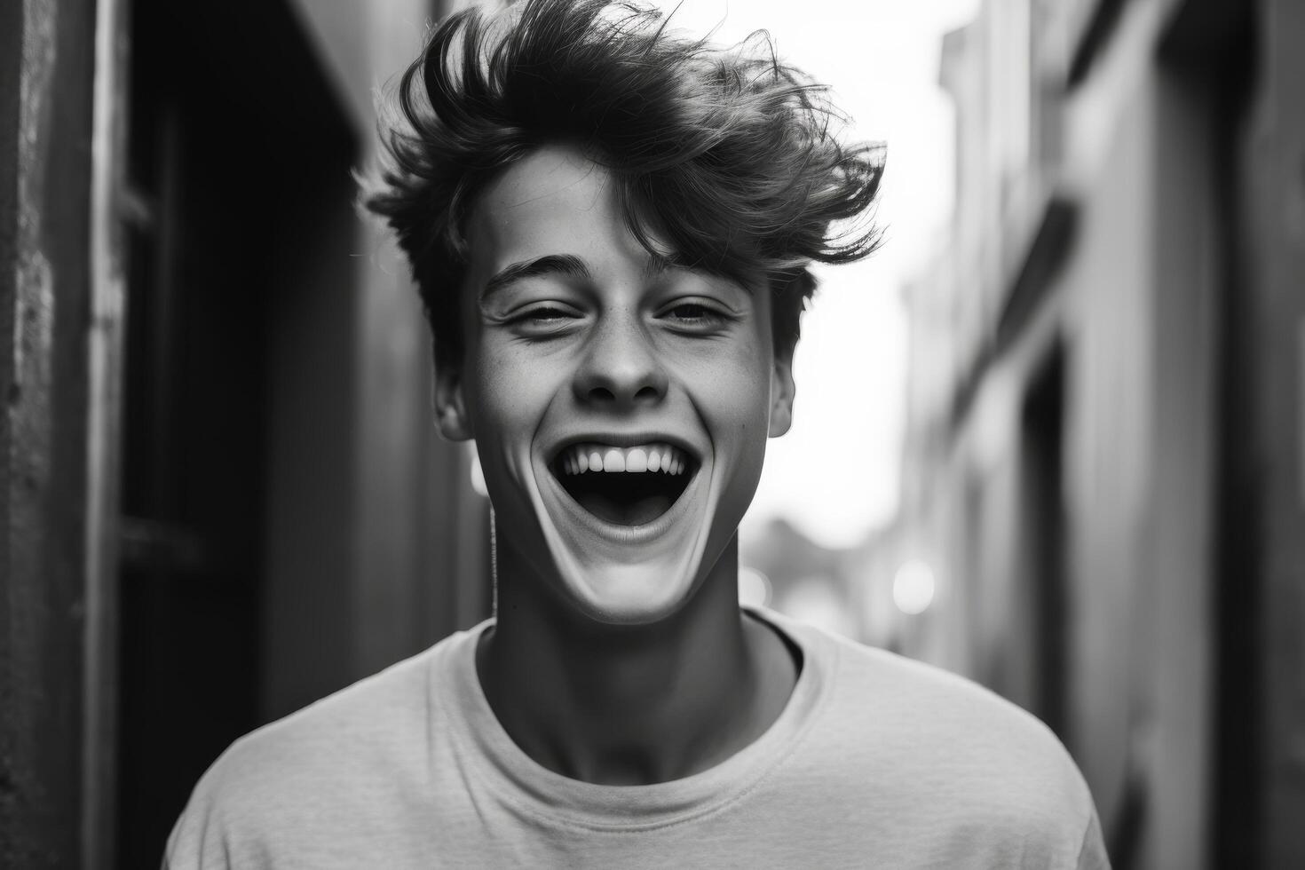 young man laughing with windblown hair photo