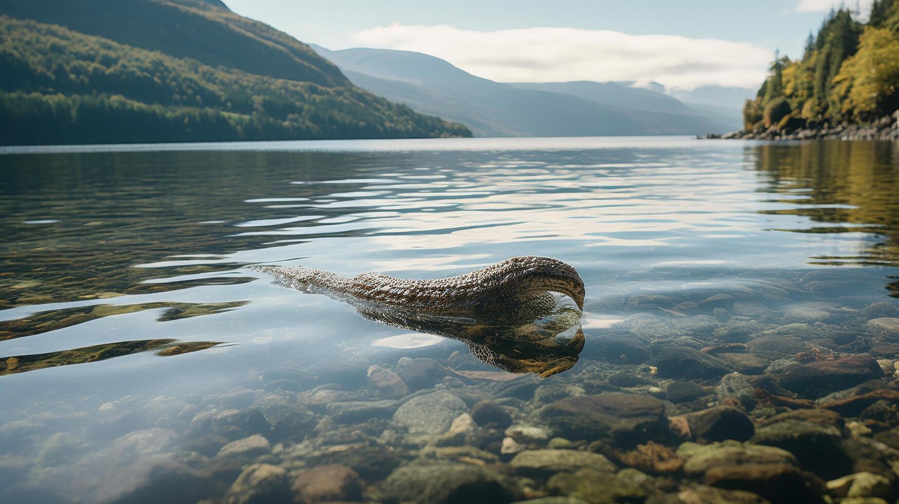 Serene mountain lake with a mysterious creature swimming in the clear waters photo