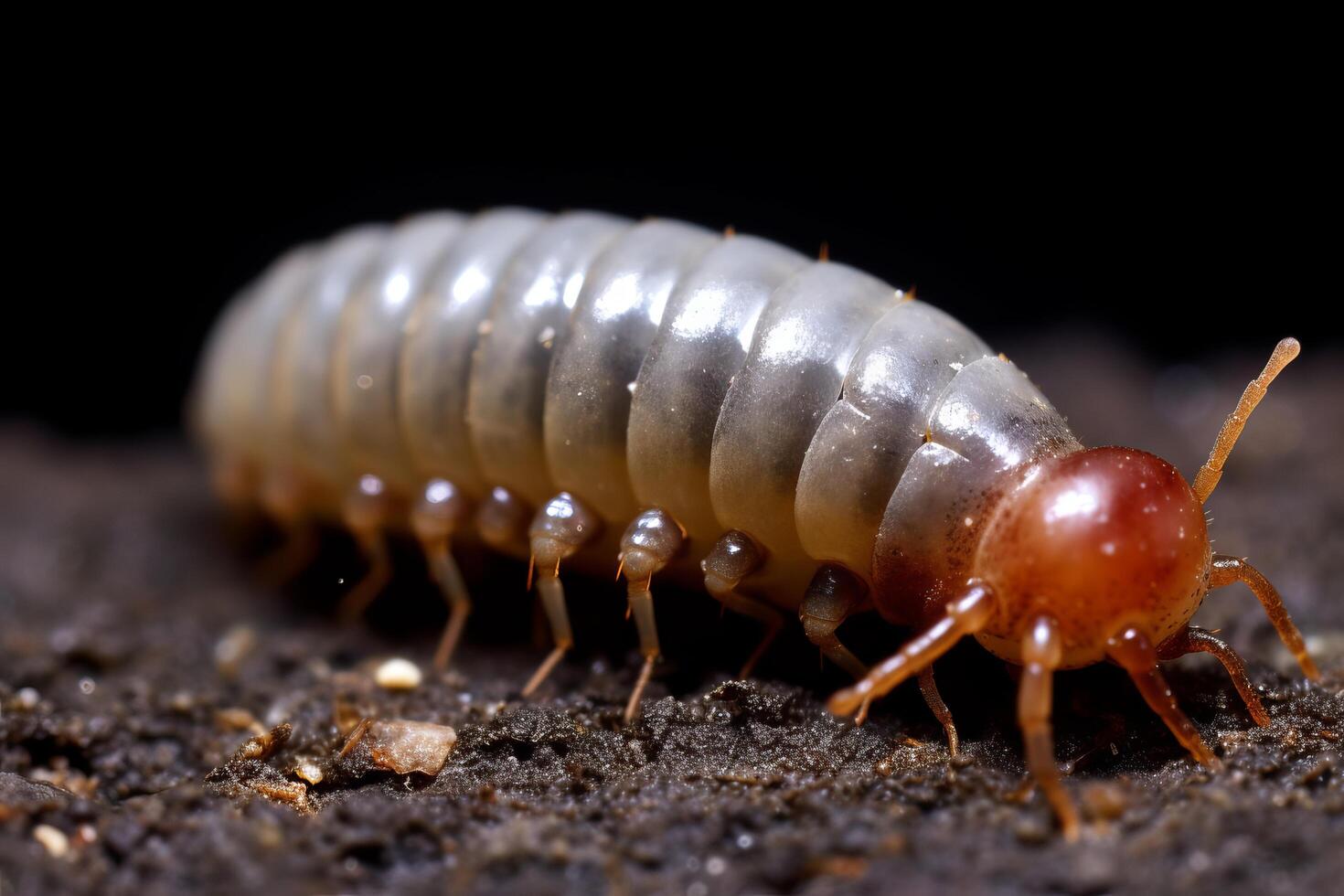 Close up of a segmented insect larva on soil photo
