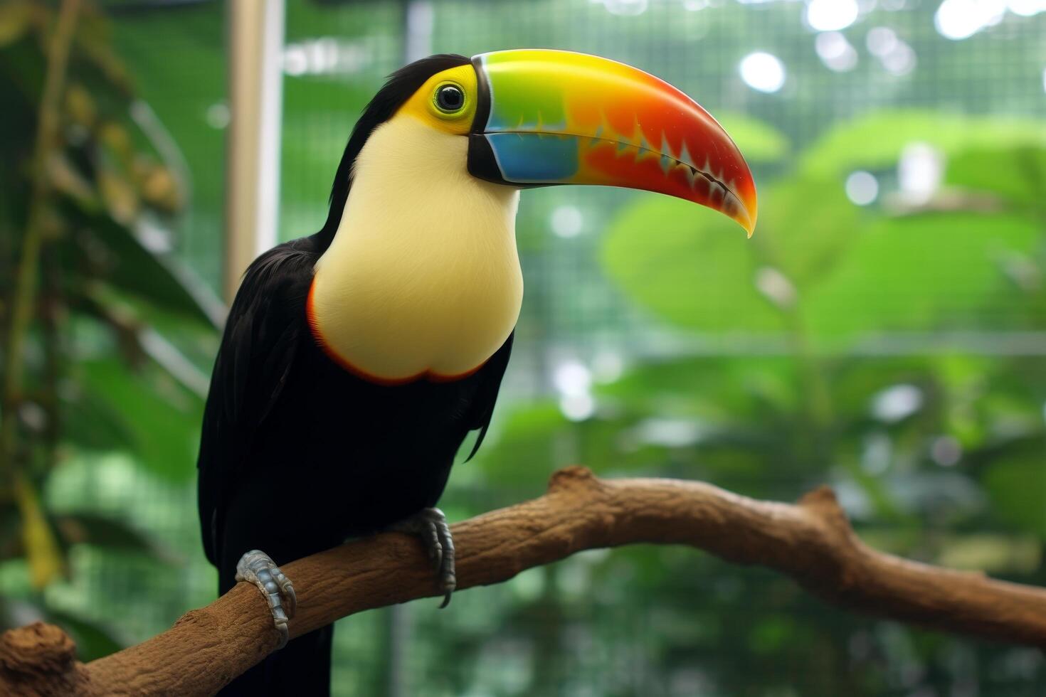 Colorful toucan bird perched on branch in tropical forest photo