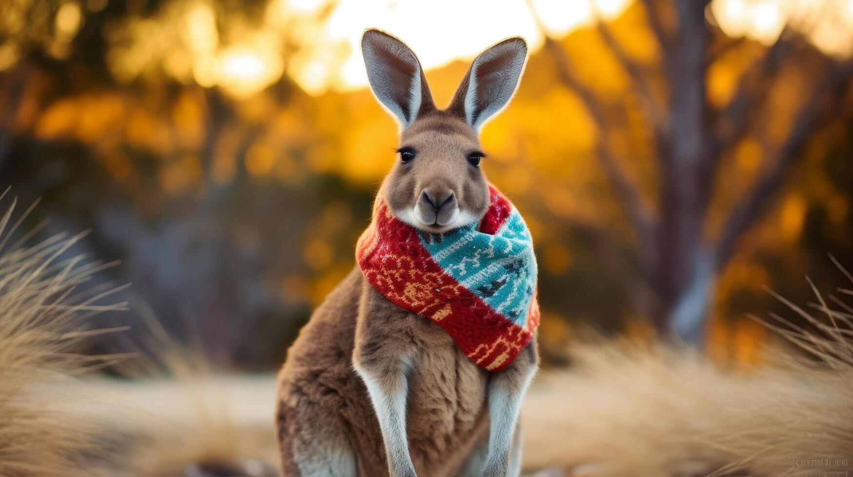 Adorable kangaroo wearing a colorful scarf in autumn photo