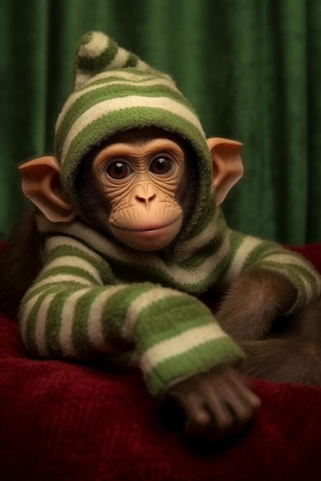 Adorable baby chimpanzee in cozy green and white striped hat photo