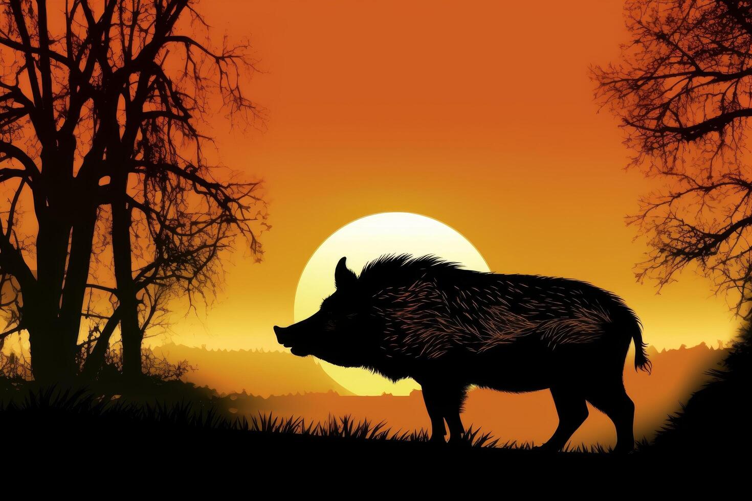 silhouette of wild boar against sunset sky photo