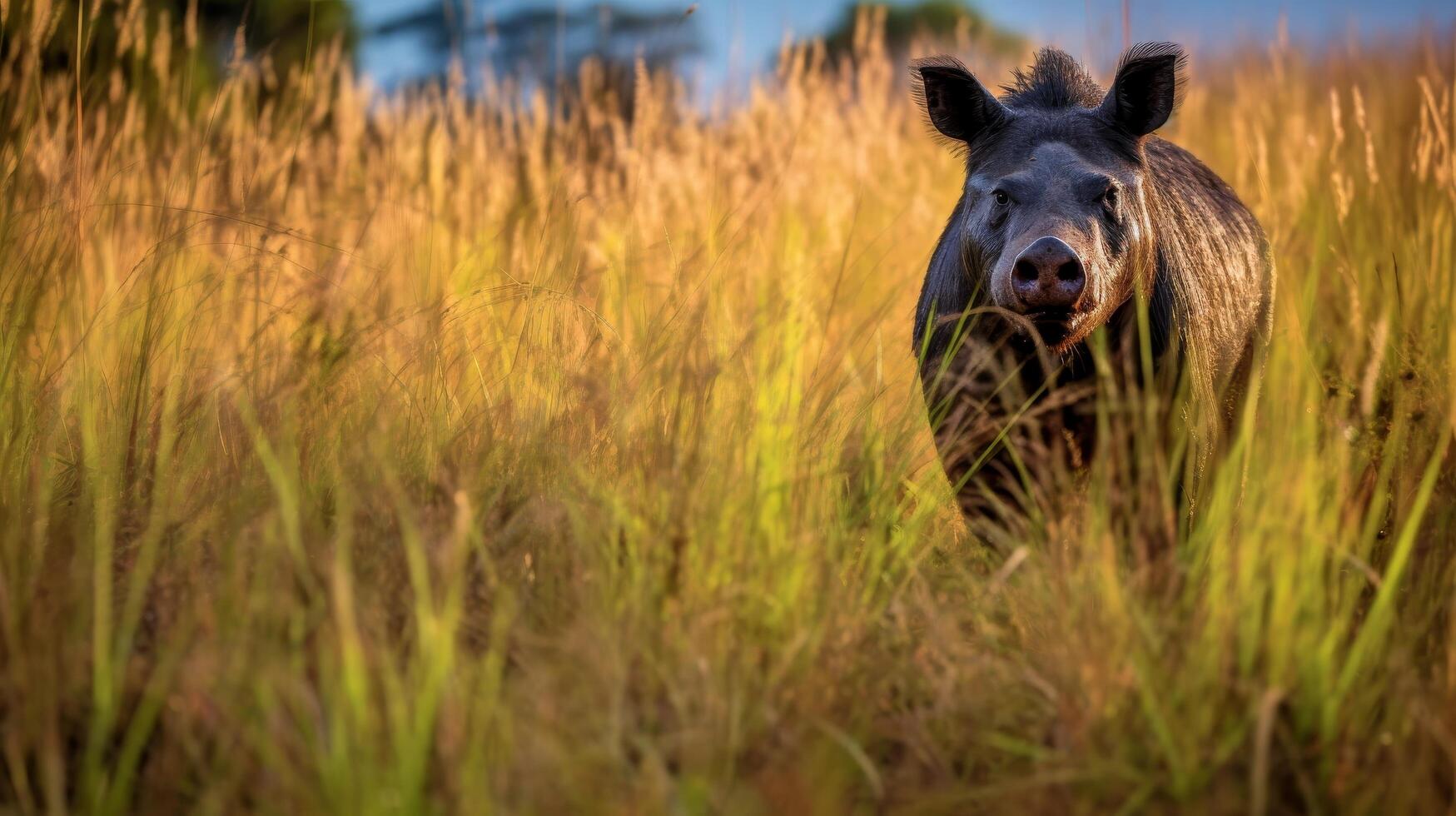 wild boar in tall grass field photo