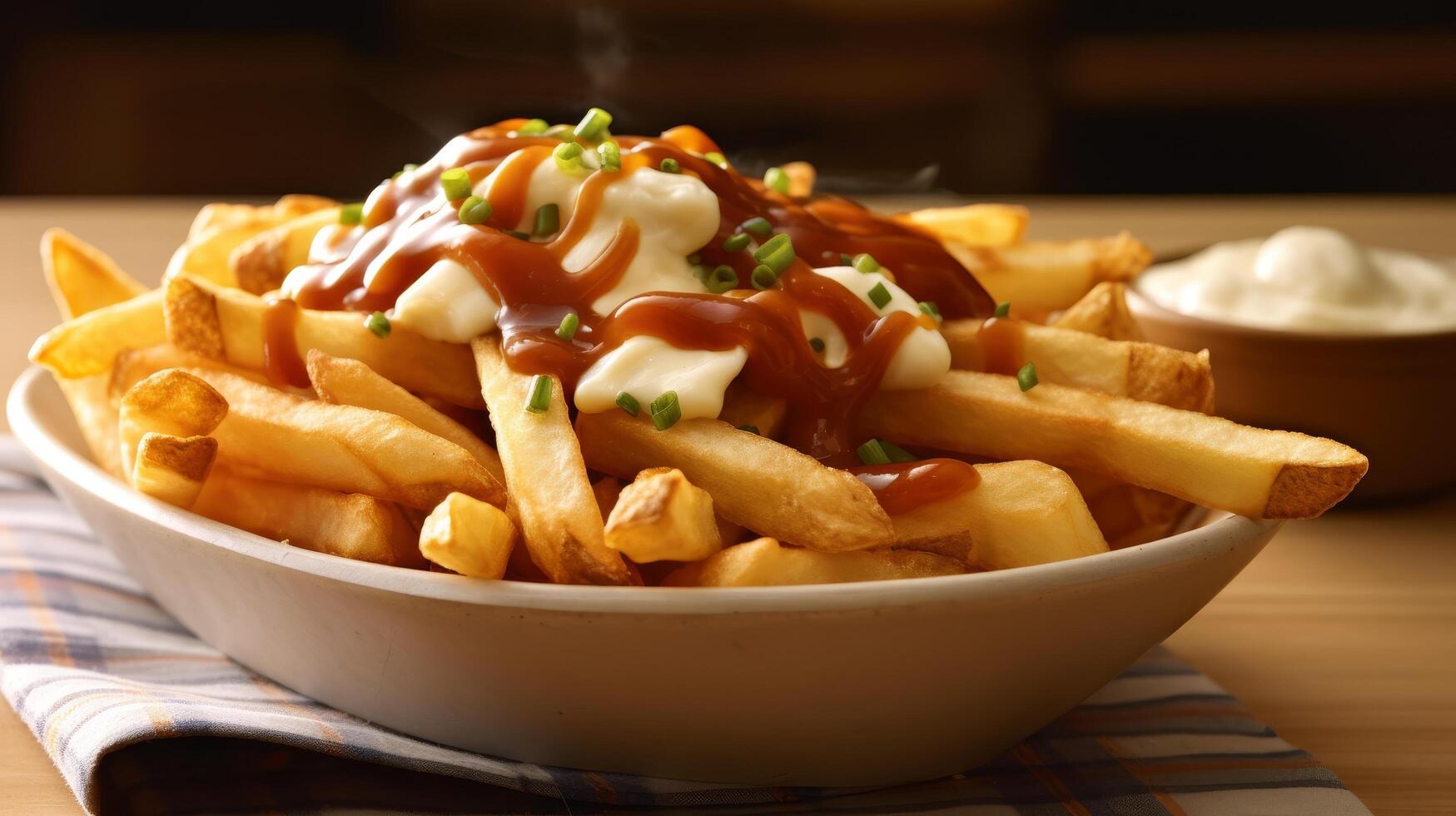 delicious loaded french fries with toppings photo