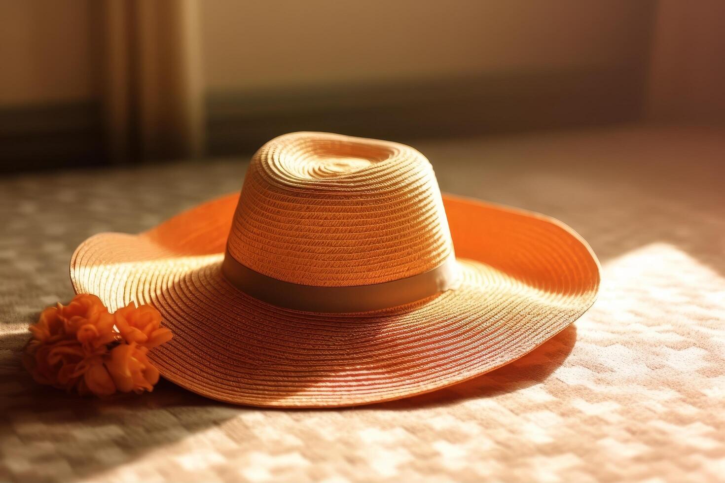 Stylish straw hat with flower on wooden surface photo
