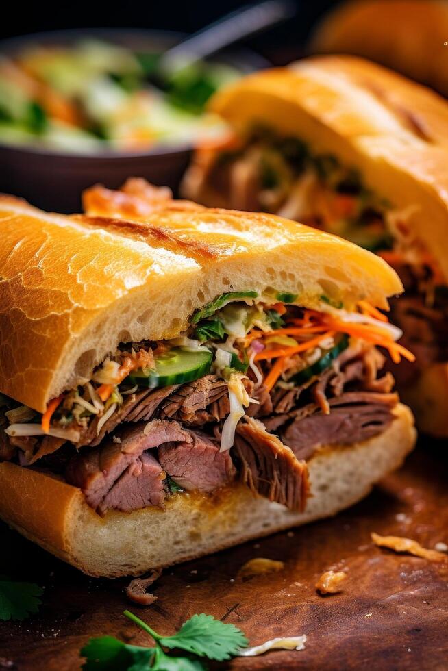 Delicious vietnamese banh mi sandwich with grilled beef, pickled vegetables, and fresh herbs photo