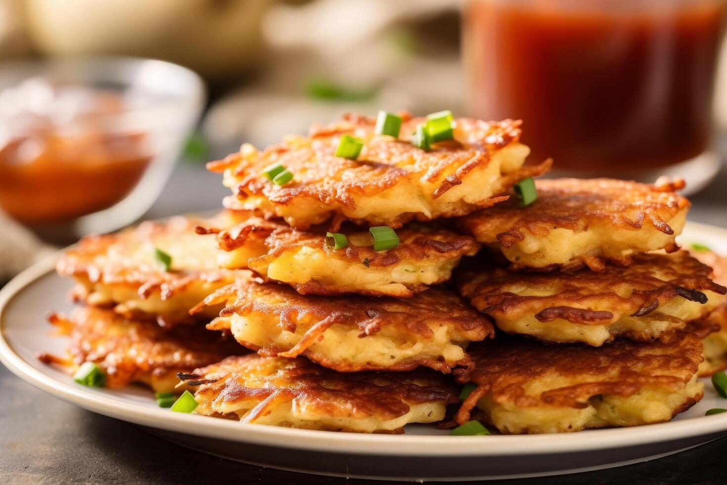 Delicious homemade potato pancakes with green onions photo