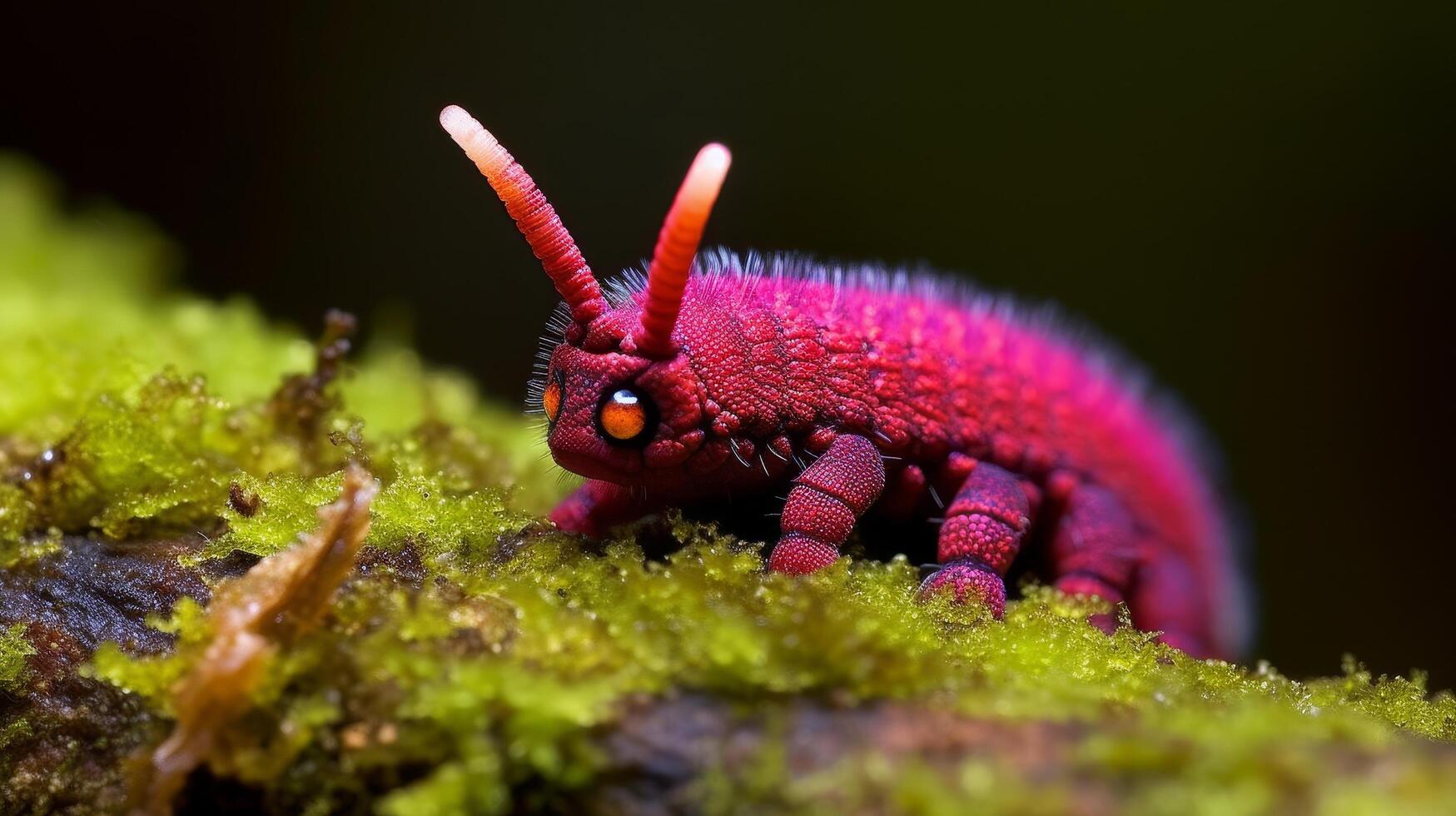 Vibrant red caterpillar crawling on moss photo