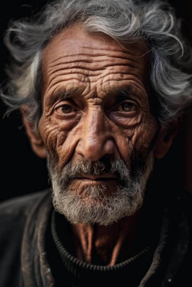 Weathered face of an elderly man with a long beard photo