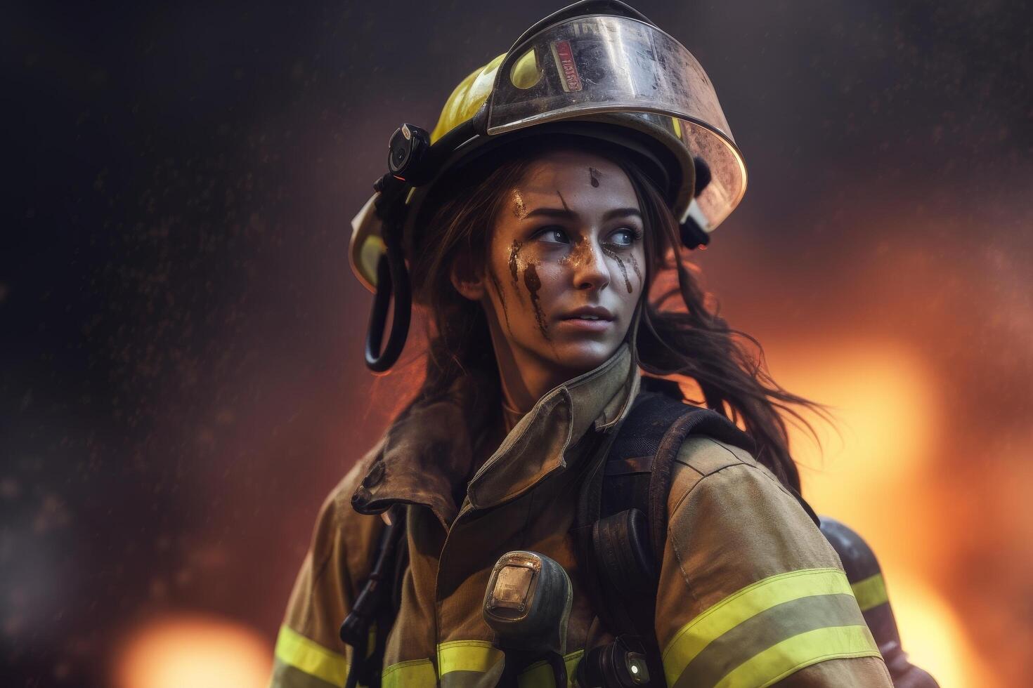 Firefighter in protective gear standing in front of flames photo