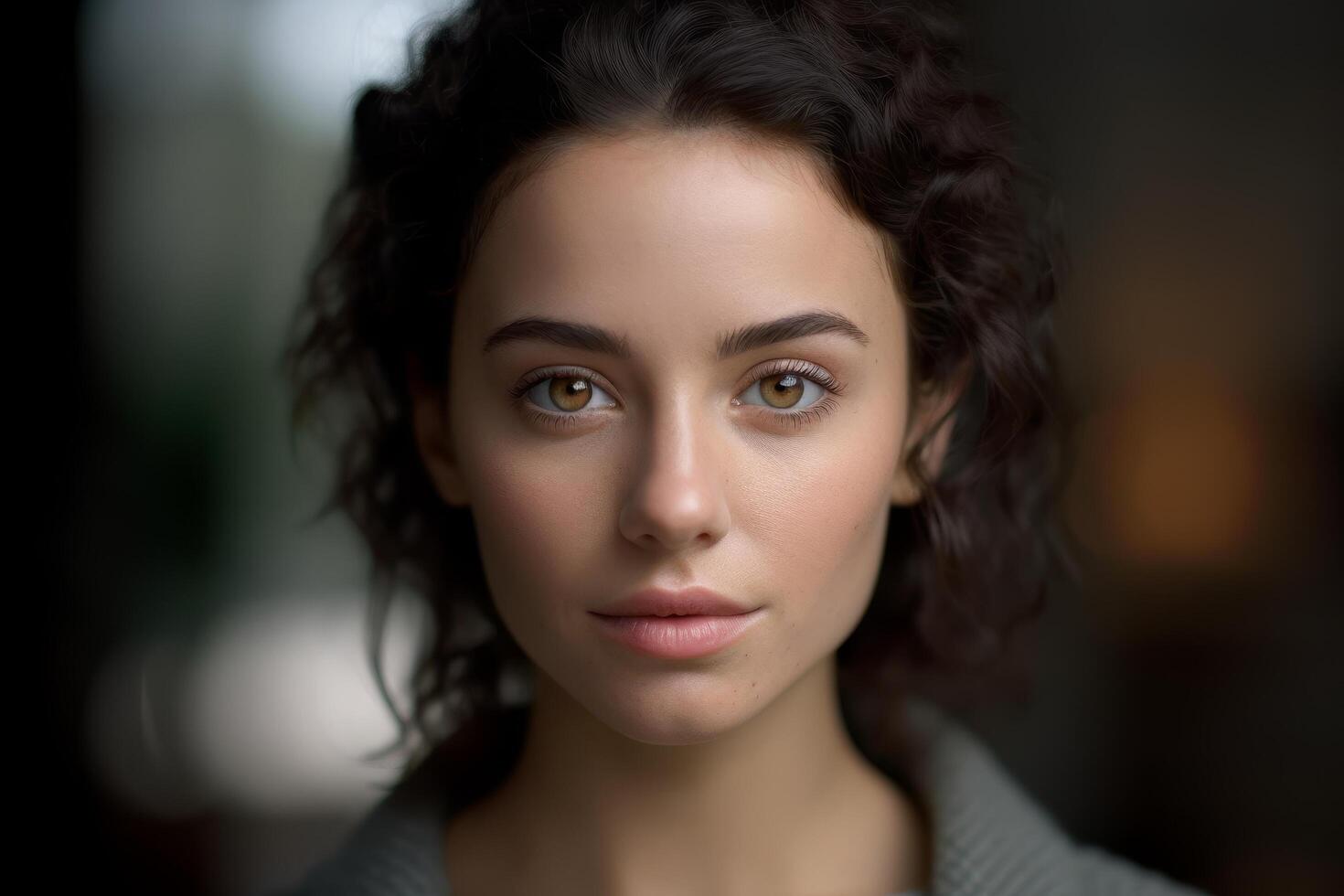 Pensive woman with dark curly hair photo