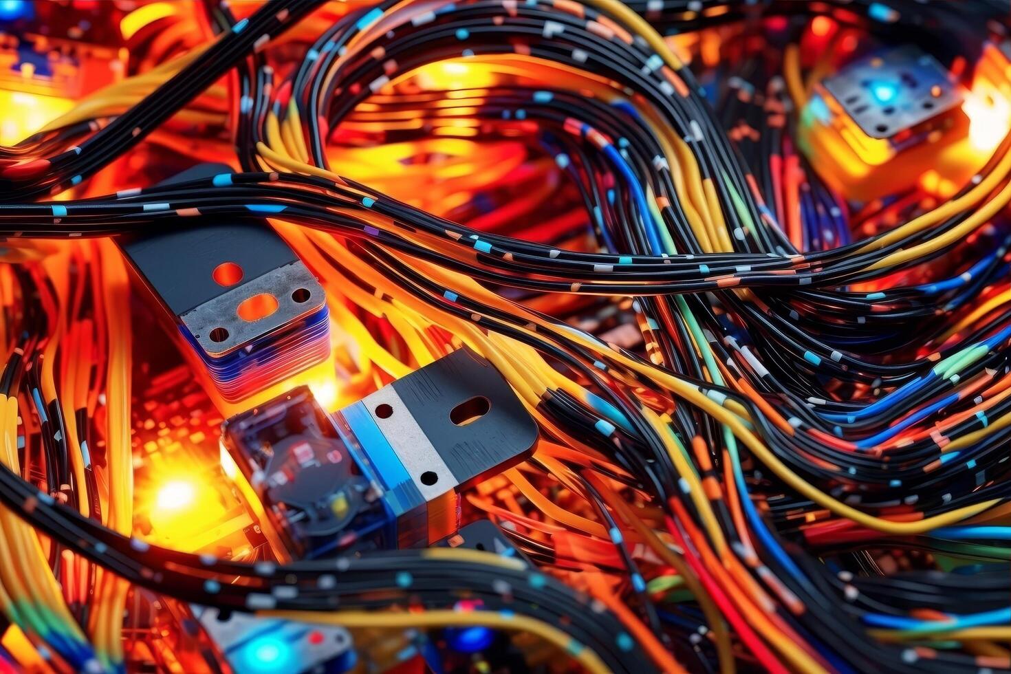Tangled web of colorful electronic cables and components photo