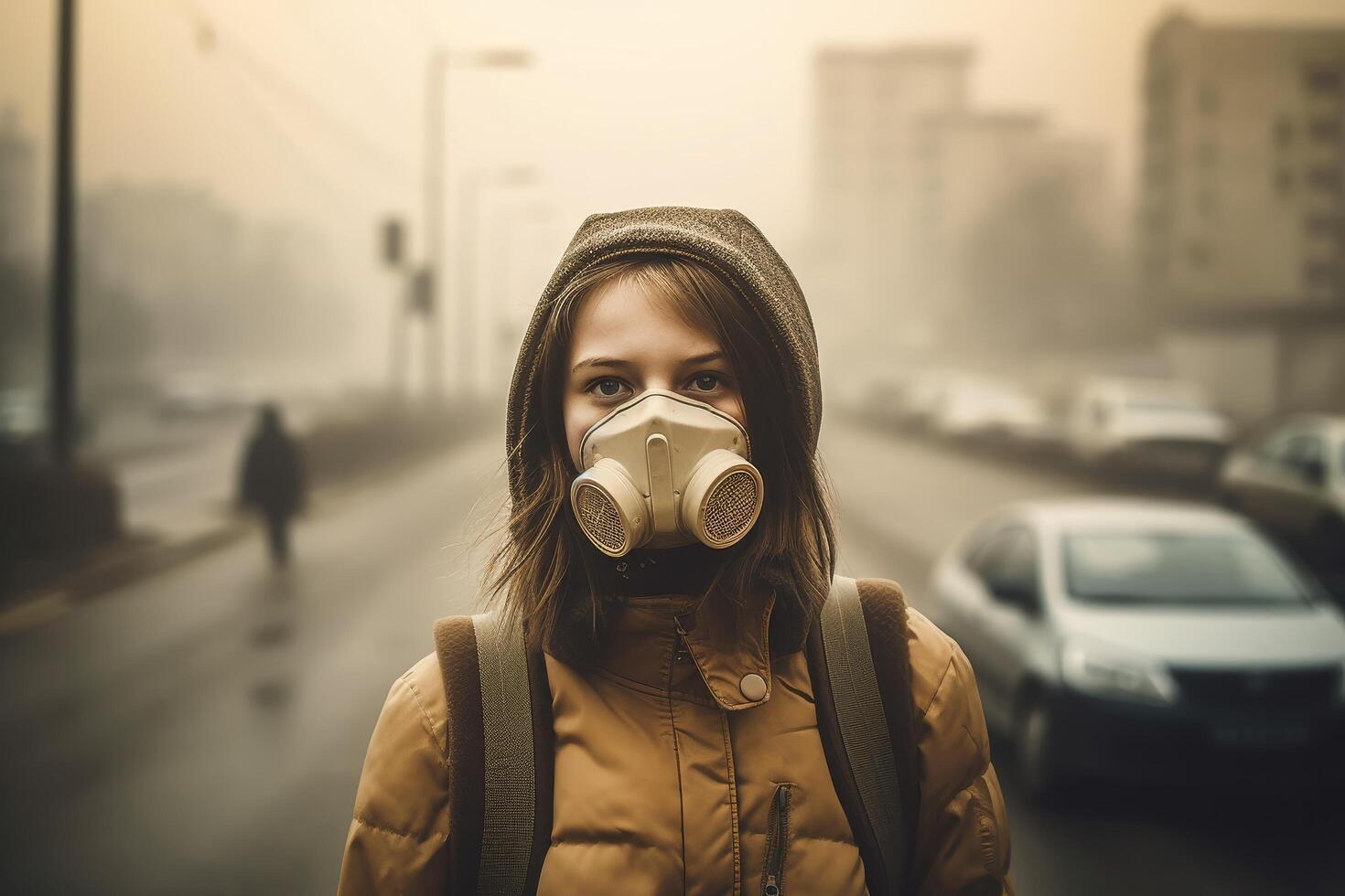 person wearing protective mask in urban environment photo