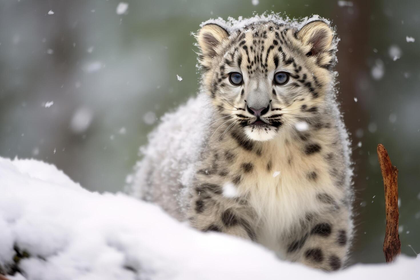 snow leopard cub in snowy landscape photo