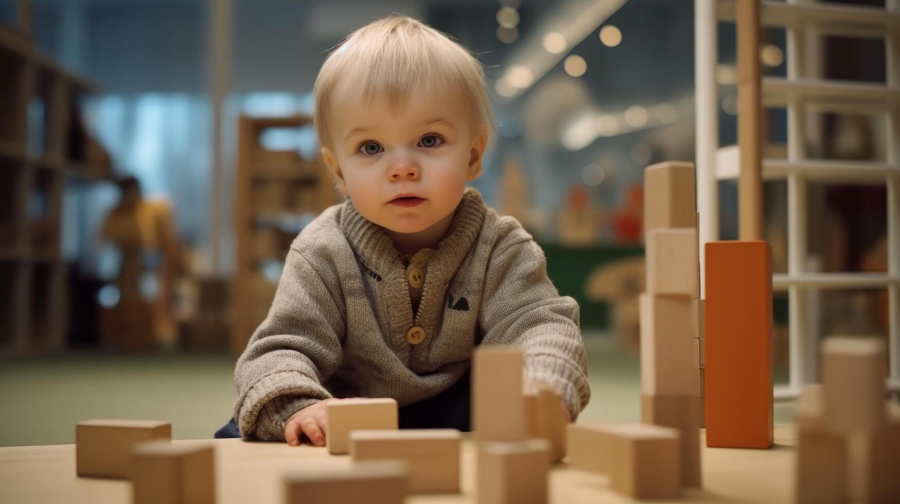 Curious toddler playing with wooden blocks photo
