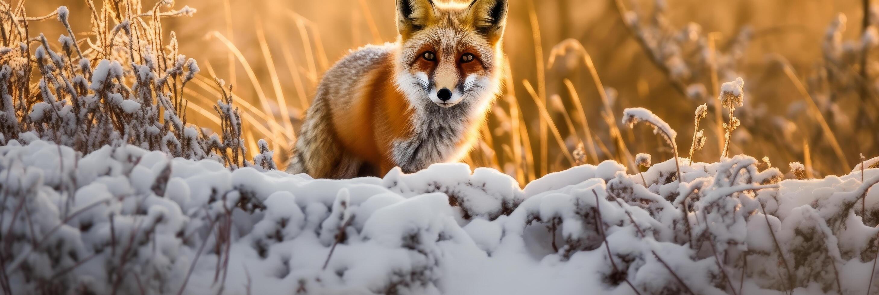 Curious red fox in snowy winter landscape photo