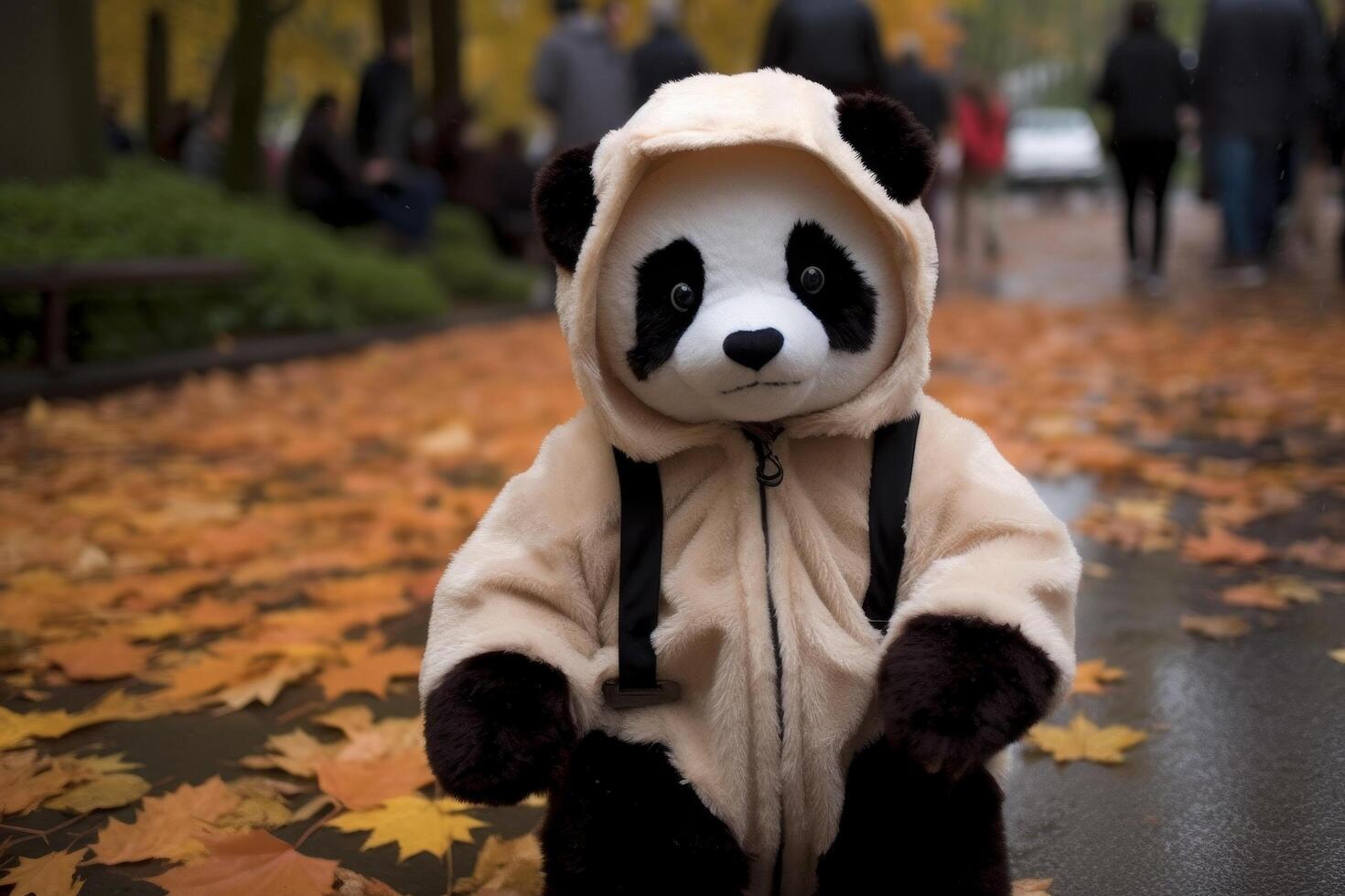 Cute panda bear wearing a furry costume in an autumn park photo