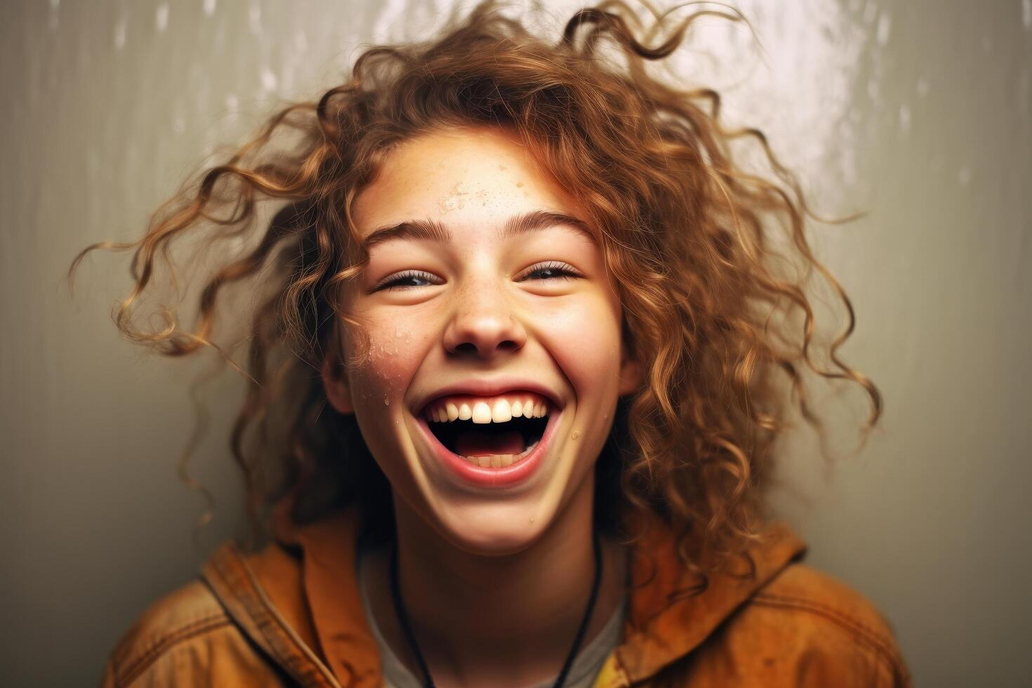 Joyful young woman with curly hair laughing photo