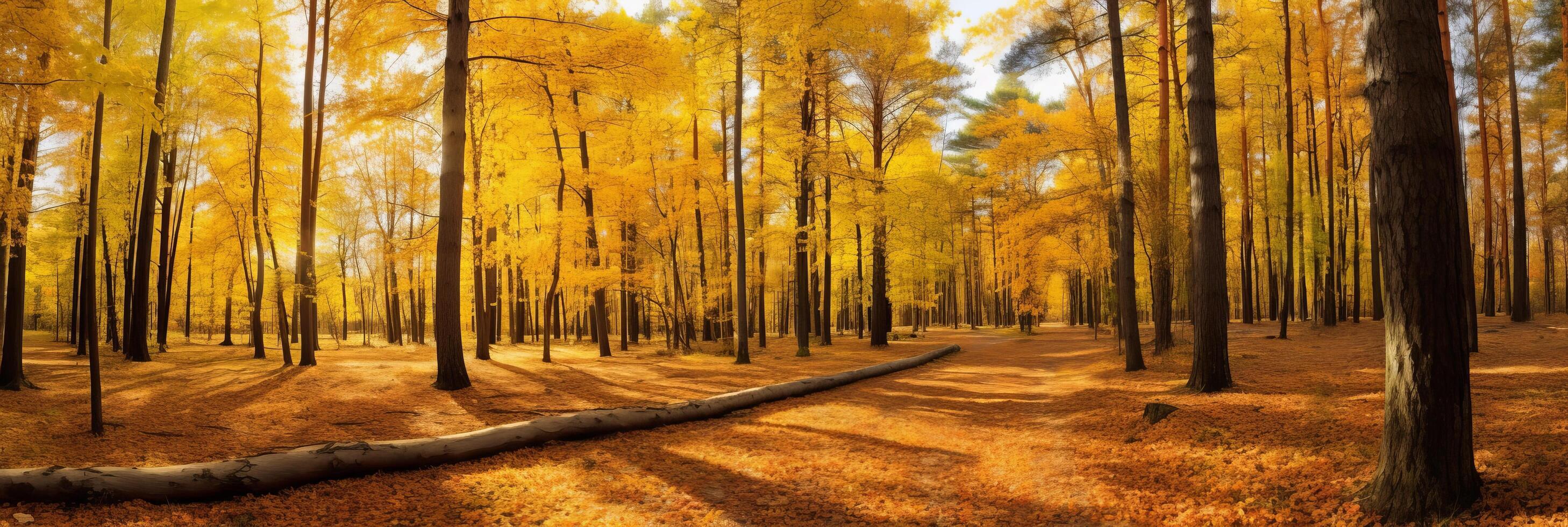 Vibrant autumn forest landscape with golden trees and winding path photo
