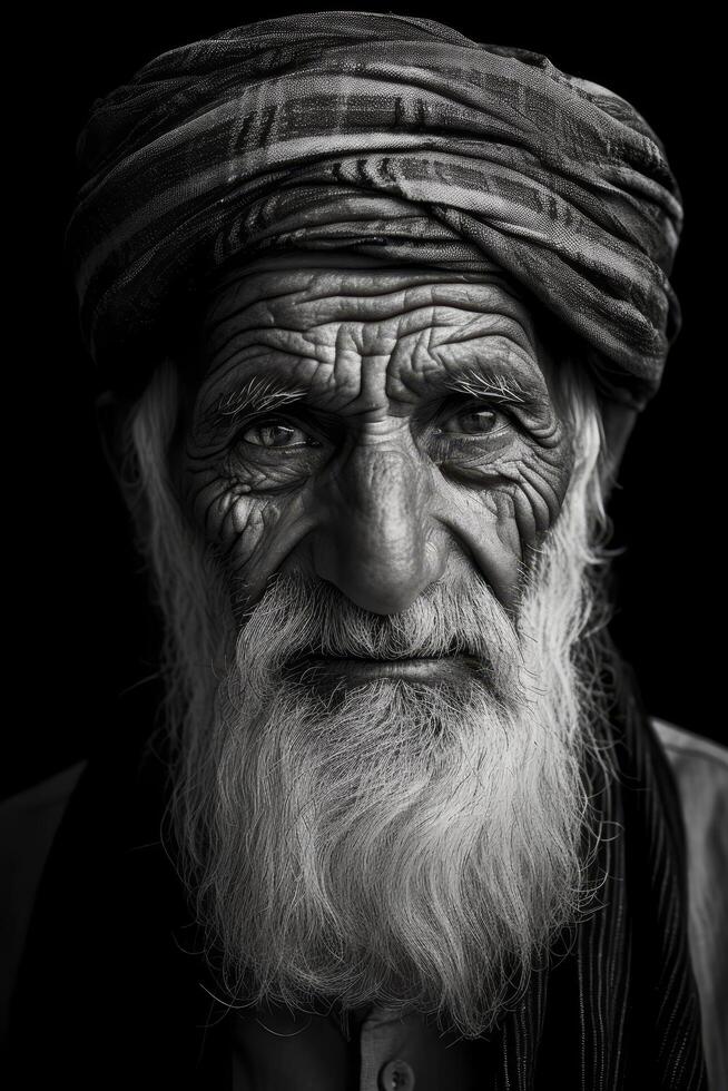 Weathered face of an elderly man with a long beard photo