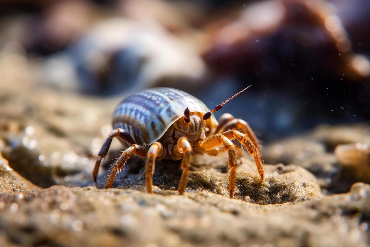 Macro shot of a colorful bug crawling on sand photo