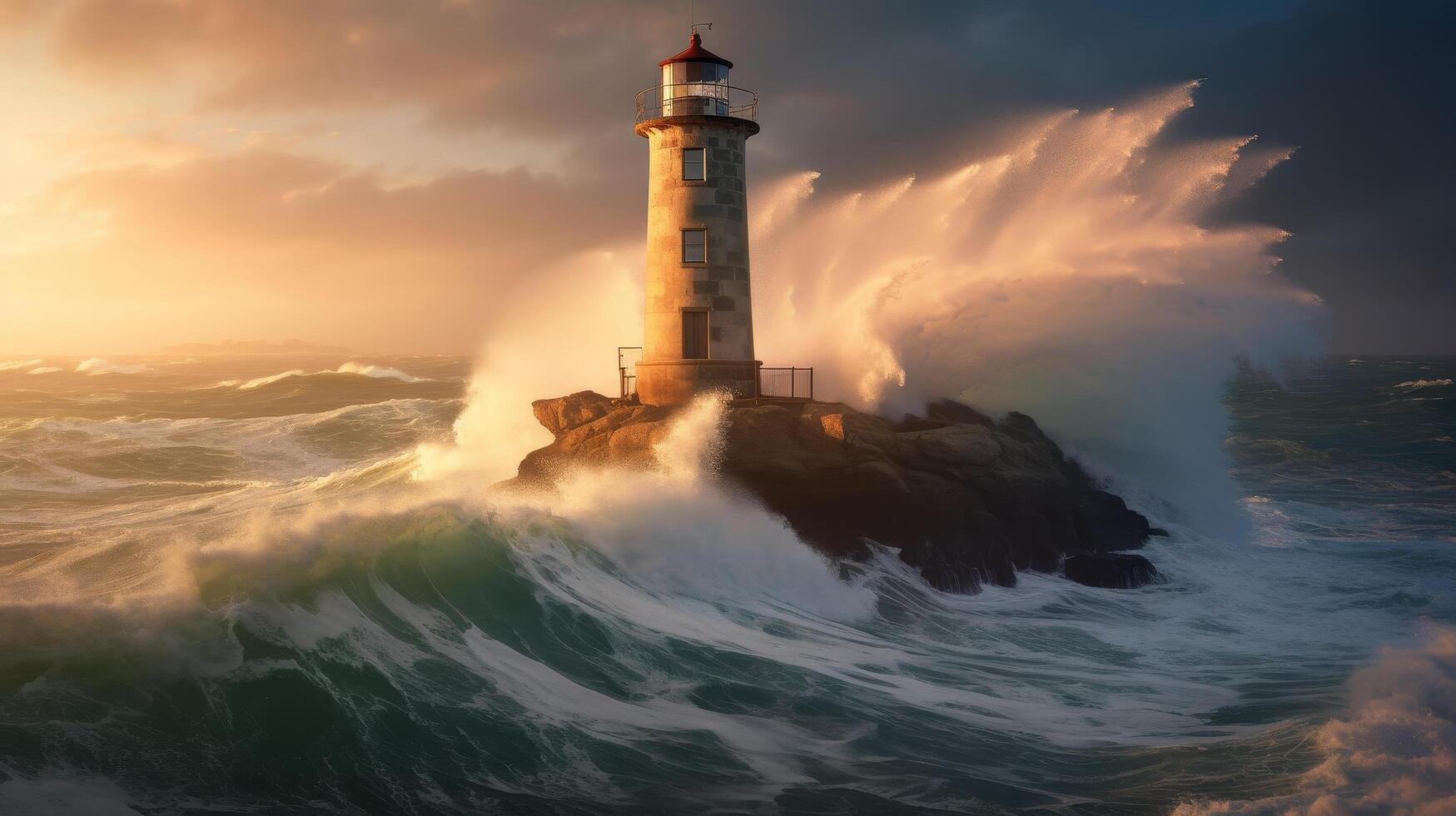 Dramatic lighthouse on rocky coast during stormy sunset photo