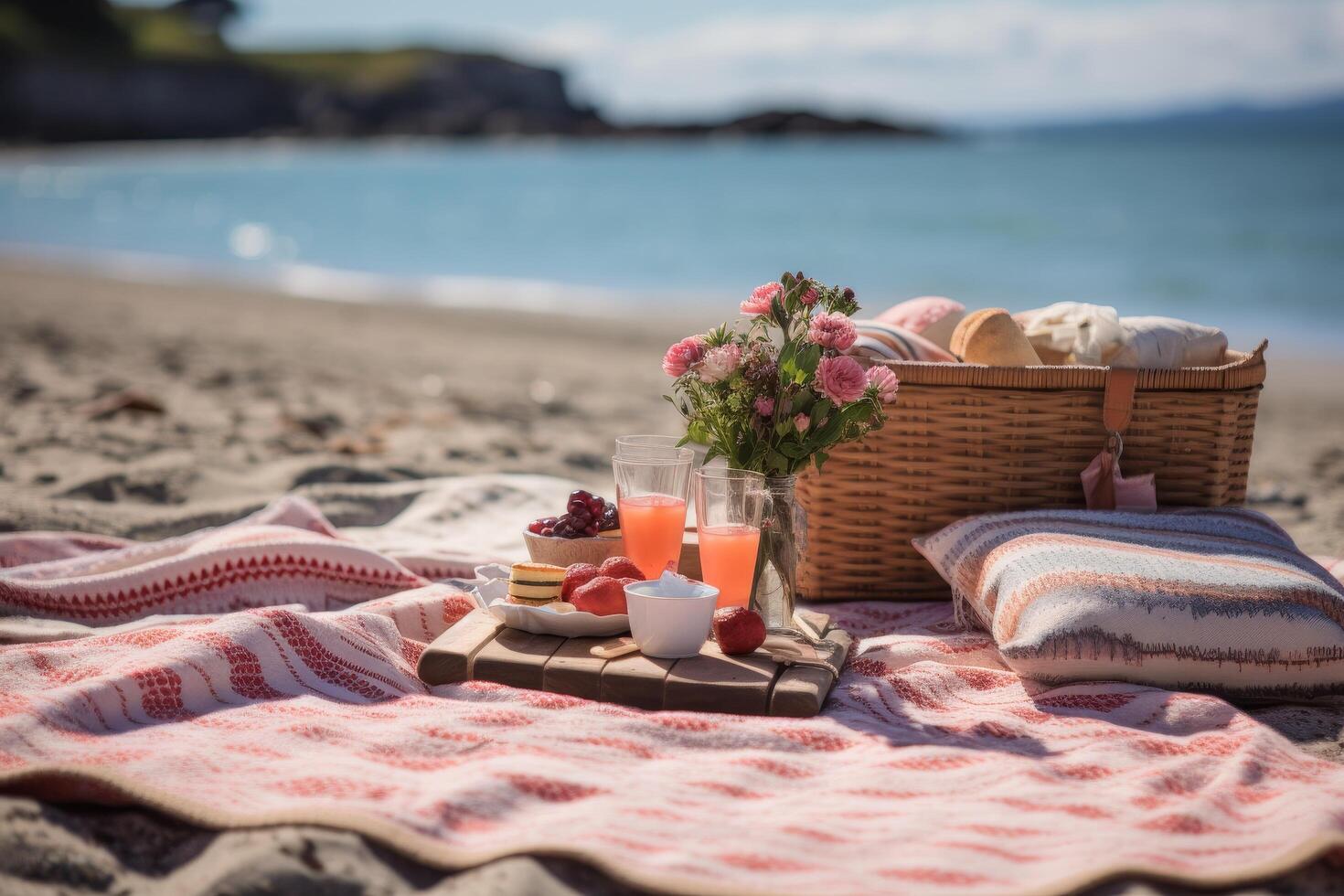 Picnic on the beach with flowers, fruit, and cozy blankets photo