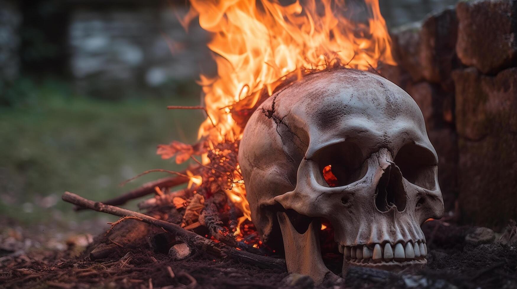 Burning skull in the forest photo