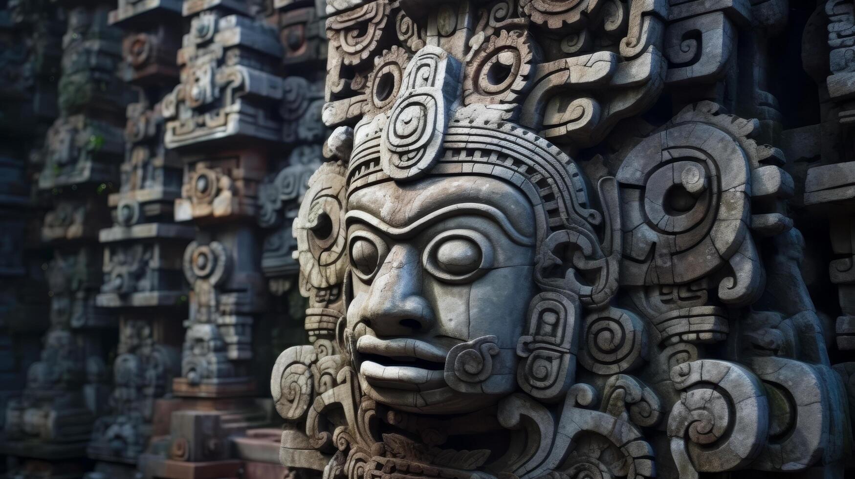 Intricate stone carving of ancient mayan deity photo