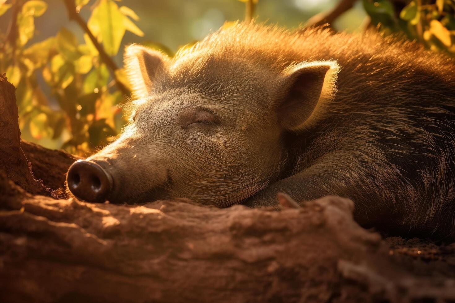 Sleeping pig in autumn leaves photo